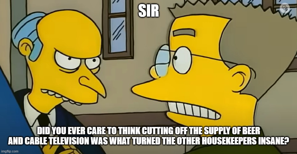 Don't cut the Beer supply off | SIR; DID YOU EVER CARE TO THINK CUTTING OFF THE SUPPLY OF BEER AND CABLE TELEVISION WAS WHAT TURNED THE OTHER HOUSEKEEPERS INSANE? | image tagged in don't cut the beer supply off | made w/ Imgflip meme maker