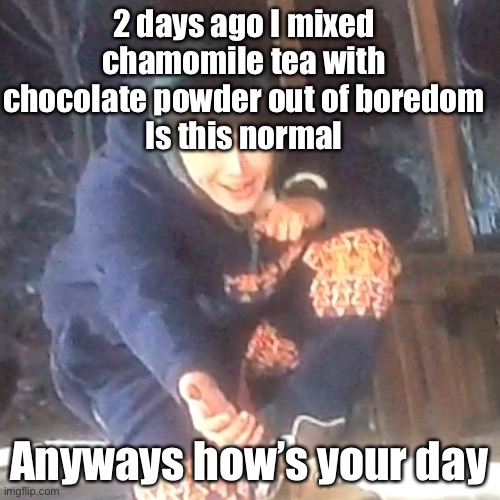 w | 2 days ago I mixed chamomile tea with chocolate powder out of boredom
Is this normal; Anyways how’s your day | image tagged in w | made w/ Imgflip meme maker