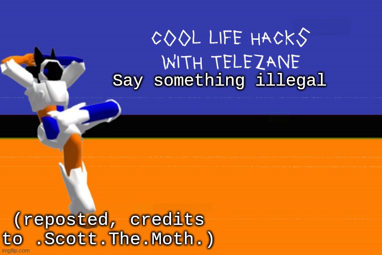 cool life hacks with telezane | Say something illegal; (reposted, credits to .Scott.The.Moth.) | image tagged in cool life hacks with telezane,illegal,wait that's illegal | made w/ Imgflip meme maker