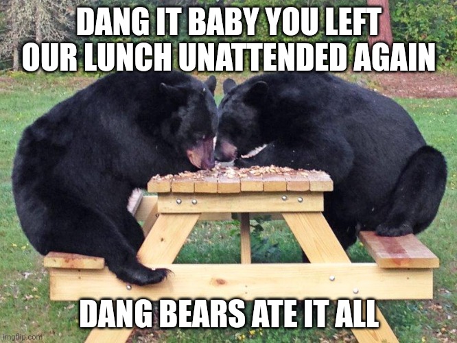 bears at picnic table together | DANG IT BABY YOU LEFT OUR LUNCH UNATTENDED AGAIN; DANG BEARS ATE IT ALL | image tagged in bears at picnic table together | made w/ Imgflip meme maker