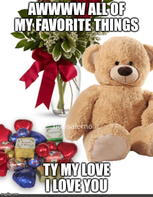 Romantic stuff | AWWWW ALL OF MY FAVORITE THINGS; TY MY LOVE I LOVE YOU | image tagged in romantic stuff | made w/ Imgflip meme maker