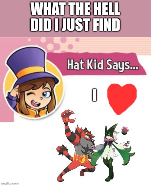 Hat kid loves Incineroar and Meowscarada as a couple | WHAT THE HELL DID I JUST FIND | image tagged in hat kid loves incineroar and meowscarada as a couple | made w/ Imgflip meme maker