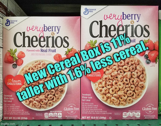 Big not best | New Cereal Box is 11% taller with 1.6% less cereal. | image tagged in marketing hype vs facts,new cereal box,11 percent taller,1-6 percent less content,small print,fun | made w/ Imgflip meme maker