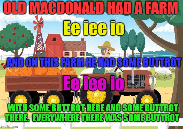 Old MacDonald Buttrot | OLD MACDONALD HAD A FARM; Ee iee io; AND ON THIS FARM HE HAD SOME BUTTROT; Ee iee io; WITH SOME BUTTROT HERE AND SOME BUTTROT THERE.  EVERYWHERE THERE WAS SOME BUTTROT | image tagged in funny memes | made w/ Imgflip meme maker
