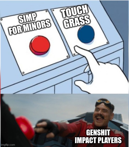 genshit impact | TOUCH GRASS; SIMP FOR MINORS; GENSHIT IMPACT PLAYERS | image tagged in robotnik pressing red button | made w/ Imgflip meme maker