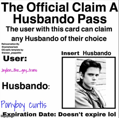 I want to kiss him until I suffocate <3 | Jayden_the_gay_trans; Ponyboy curtis | image tagged in claim a husbando pass | made w/ Imgflip meme maker