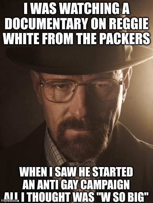 Yes. this is friendly fire to myself | I WAS WATCHING A DOCUMENTARY ON REGGIE WHITE FROM THE PACKERS; WHEN I SAW HE STARTED AN ANTI GAY CAMPAIGN ALL I THOUGHT WAS "W SO BIG" | image tagged in walter white | made w/ Imgflip meme maker