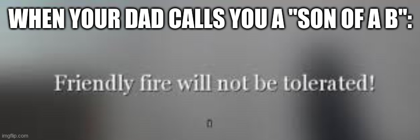 Friendly fire will not be tolerated | WHEN YOUR DAD CALLS YOU A "SON OF A B": | image tagged in friendly fire will not be tolerated | made w/ Imgflip meme maker