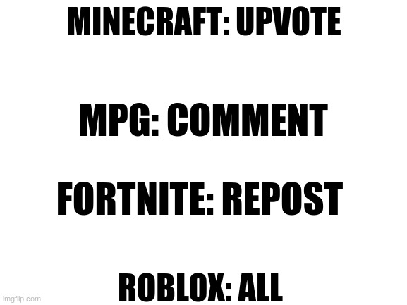 This is your game if you.... | MINECRAFT: UPVOTE; MPG: COMMENT; FORTNITE: REPOST; ROBLOX: ALL | image tagged in blank white template | made w/ Imgflip meme maker