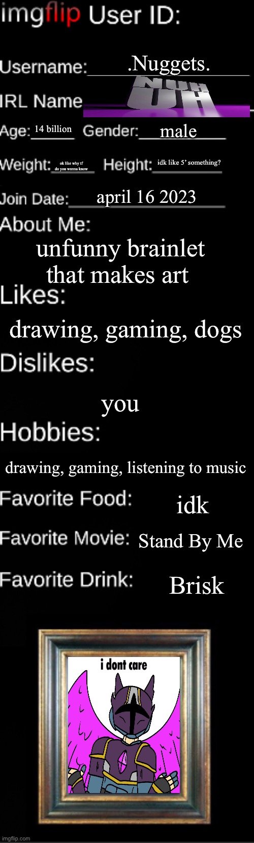 Imgflip user ID | .Nuggets. male; 14 billion; idk like 5’ something? ok like why tf do you wanna know; april 16 2023; unfunny brainlet that makes art; drawing, gaming, dogs; you; drawing, gaming, listening to music; idk; Stand By Me; Brisk | image tagged in imgflip user id | made w/ Imgflip meme maker