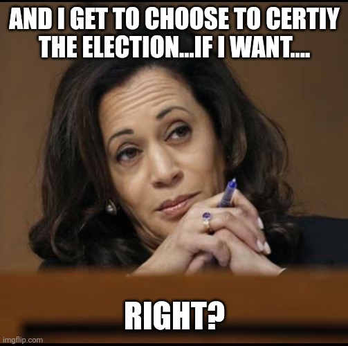 Kamala Harris  | AND I GET TO CHOOSE TO CERTIY THE ELECTION...IF I WANT.... RIGHT? | image tagged in kamala harris | made w/ Imgflip meme maker