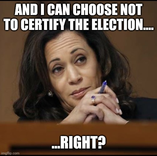 Kamala Harris  | AND I CAN CHOOSE NOT TO CERTIFY THE ELECTION.... ...RIGHT? | image tagged in kamala harris | made w/ Imgflip meme maker