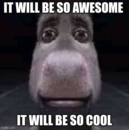 Donkey staring | IT WILL BE SO AWESOME; IT WILL BE SO COOL | image tagged in donkey staring | made w/ Imgflip meme maker