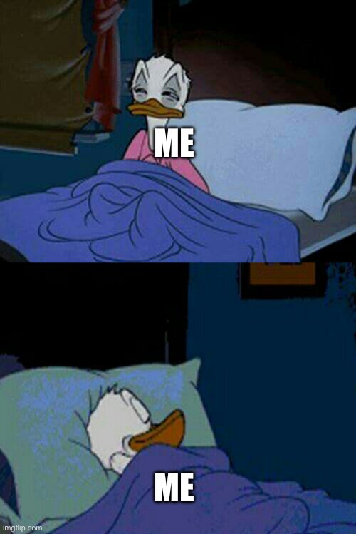 sleepy donald duck in bed | ME ME | image tagged in sleepy donald duck in bed | made w/ Imgflip meme maker