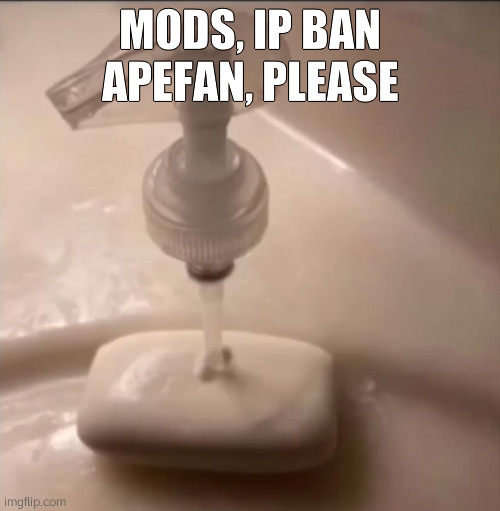 soap | MODS, IP BAN APEFAN, PLEASE | image tagged in soap | made w/ Imgflip meme maker