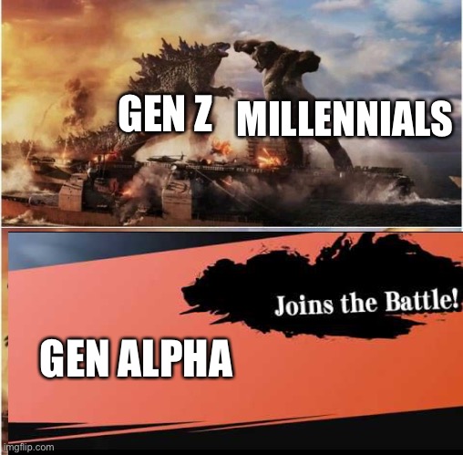 Godzilla vs Kong vs Cheems | GEN Z; MILLENNIALS; GEN ALPHA | image tagged in godzilla vs kong vs cheems,memes,millennials,gen z,gen alpha | made w/ Imgflip meme maker