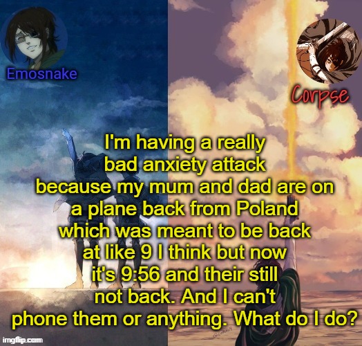 Shared Hange template | I'm having a really bad anxiety attack because my mum and dad are on a plane back from Poland which was meant to be back at like 9 I think but now it's 9:56 and their still not back. And I can't phone them or anything. What do I do? | image tagged in shared hange template | made w/ Imgflip meme maker