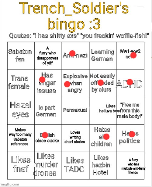 Trench_Soldier's bingo | image tagged in trench_soldier's bingo | made w/ Imgflip meme maker