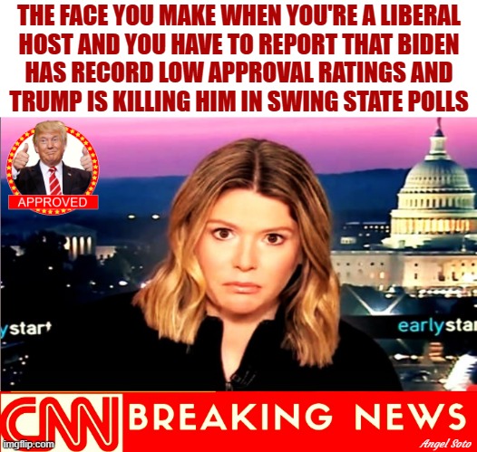 the face you make when you're a liberal host reporting good news on Trump | THE FACE YOU MAKE WHEN YOU'RE A LIBERAL
HOST AND YOU HAVE TO REPORT THAT BIDEN
HAS RECORD LOW APPROVAL RATINGS AND
TRUMP IS KILLING HIM IN SWING STATE POLLS; Angel Soto | image tagged in cnn breaking news with kasie hunt,trump,biden,polls,the face you make,donald trump approves | made w/ Imgflip meme maker