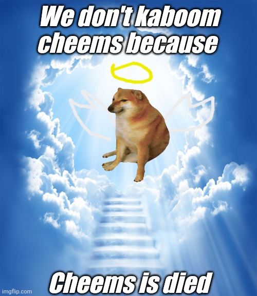 :( | We don't kaboom cheems because; Cheems is died | image tagged in heaven,goodbye cheems we will miss you | made w/ Imgflip meme maker