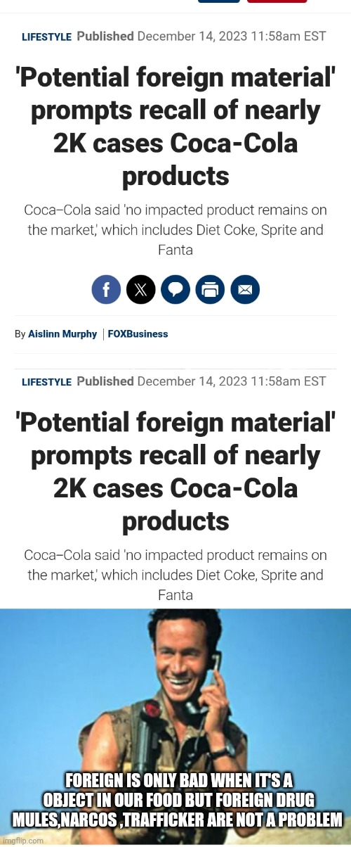 Food war | FOREIGN IS ONLY BAD WHEN IT'S A OBJECT IN OUR FOOD BUT FOREIGN DRUG MULES,NARCOS ,TRAFFICKER ARE NOT A PROBLEM | image tagged in fast food,coca cola,apple,apples | made w/ Imgflip meme maker
