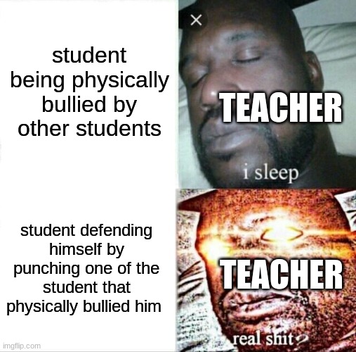 guide of how to make a student become school shooter in United state of america 101 | student being physically bullied by other students; TEACHER; student defending himself by punching one of the student that physically bullied him; TEACHER | image tagged in memes,sleeping shaq | made w/ Imgflip meme maker
