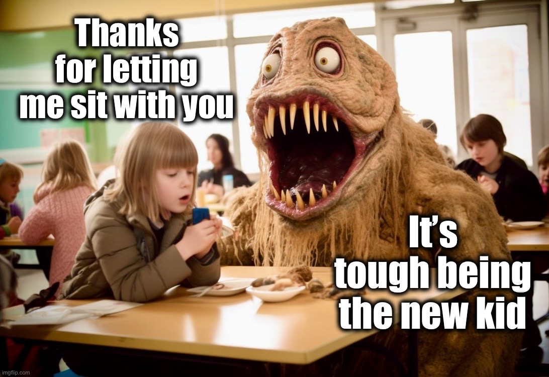 A little compassion goes a long way | Thanks for letting me sit with you; It’s tough being the new kid | image tagged in lunchtime,memes,school lunch,sharing is caring,new kid | made w/ Imgflip meme maker
