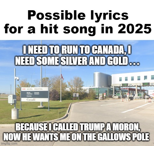 Trump Canada 2025 | Possible lyrics for a hit song in 2025; I NEED TO RUN TO CANADA, I NEED SOME SILVER AND GOLD . . . BECAUSE I CALLED TRUMP A MORON, NOW HE WANTS ME ON THE GALLOWS POLE | image tagged in trump will make dissent a capital crime,flee to canada,i hate donald trump,trump sucks | made w/ Imgflip meme maker