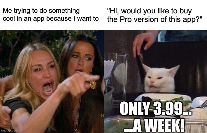 You gotta pay for it! | Me trying to do something cool in an app because I want to; "Hi, would you like to buy the Pro version of this app?"; ONLY 3.99...
...A WEEK! | image tagged in memes,woman yelling at cat,relatable | made w/ Imgflip meme maker
