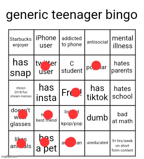 Not that generic e | image tagged in generic teenager bingo | made w/ Imgflip meme maker