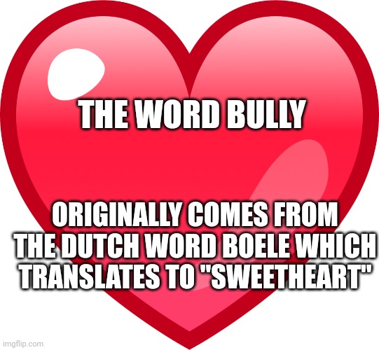 The bully word origin | THE WORD BULLY; ORIGINALLY COMES FROM THE DUTCH WORD BOELE WHICH TRANSLATES TO "SWEETHEART" | image tagged in language,educational,original,translation,history | made w/ Imgflip meme maker