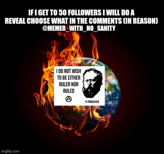 I will to the first comment | IF I GET TO 50 FOLLOWERS I WILL DO A REVEAL CHOOSE WHAT IN THE COMMENTS (IN REASON) | image tagged in memer_with_no_sanity announcement | made w/ Imgflip meme maker