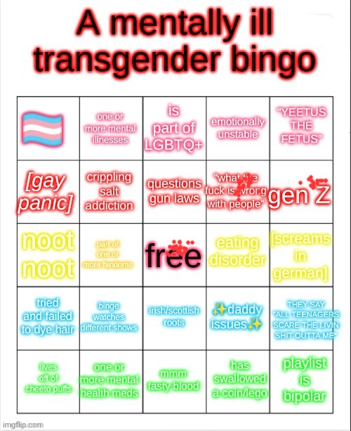 a mentally ill transgender bingo | image tagged in a mentally ill transgender bingo | made w/ Imgflip meme maker