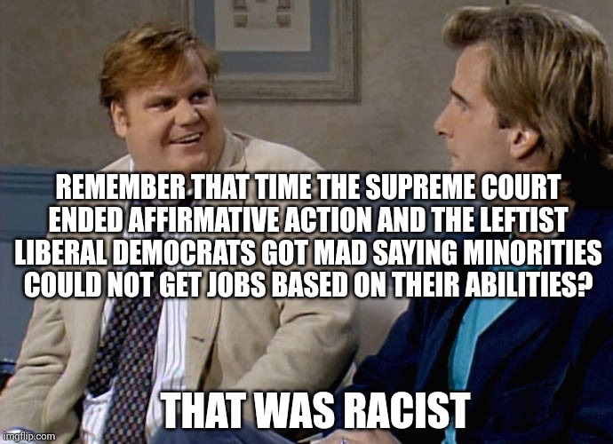Remember that time | REMEMBER THAT TIME THE SUPREME COURT ENDED AFFIRMATIVE ACTION AND THE LEFTIST LIBERAL DEMOCRATS GOT MAD SAYING MINORITIES COULD NOT GET JOBS | image tagged in remember that time | made w/ Imgflip meme maker
