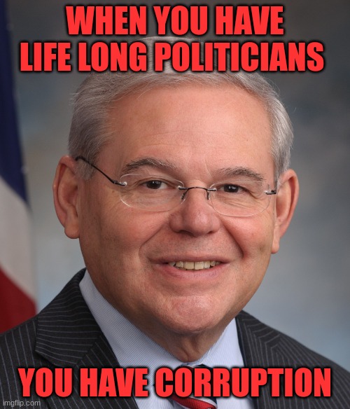 Senator | WHEN YOU HAVE LIFE LONG POLITICIANS; YOU HAVE CORRUPTION | image tagged in senator bob mendez,politics | made w/ Imgflip meme maker