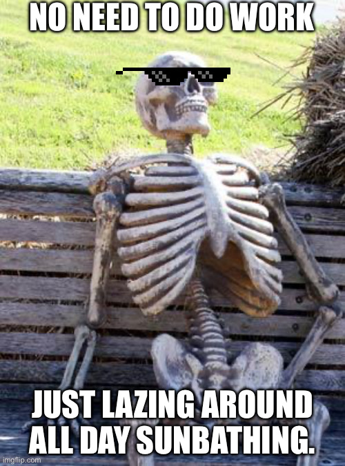 Waiting Skeleton | NO NEED TO DO WORK; JUST LAZING AROUND ALL DAY SUNBATHING. | image tagged in memes,waiting skeleton | made w/ Imgflip meme maker