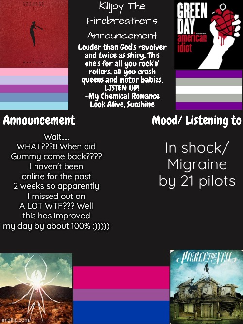 I Missed You Guys--- | In shock/ Migraine by 21 pilots; Wait..... WHAT???!!! When did Gummy come back???? I haven't been online for the past 2 weeks so apparently I missed out on A LOT WTF??? Well this has improved my day by about 100% :))))) | image tagged in yayyyyyyyyy | made w/ Imgflip meme maker