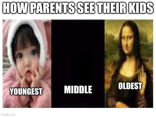 to @Festive-Caleb_G i feel bad that you are the middle child | HOW PARENTS SEE THEIR KIDS; OLDEST; YOUNGEST; MIDDLE | image tagged in relatable,wut,fun | made w/ Imgflip meme maker