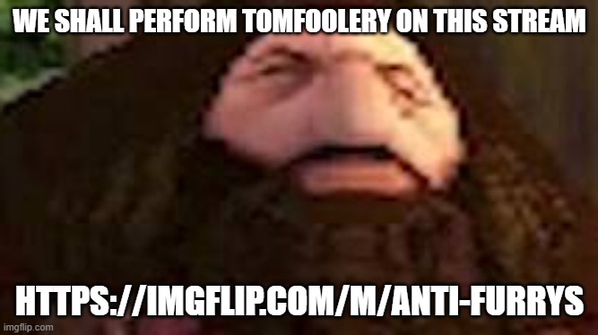go obliterate them | WE SHALL PERFORM TOMFOOLERY ON THIS STREAM; HTTPS://IMGFLIP.COM/M/ANTI-FURRYS | image tagged in ps1 hagrid | made w/ Imgflip meme maker