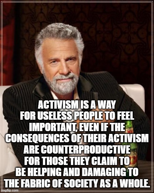 Activism | ACTIVISM IS A WAY FOR USELESS PEOPLE TO FEEL IMPORTANT, EVEN IF THE CONSEQUENCES OF THEIR ACTIVISM ARE COUNTERPRODUCTIVE FOR THOSE THEY CLAIM TO BE HELPING AND DAMAGING TO THE FABRIC OF SOCIETY AS A WHOLE. | image tagged in memes,the most interesting man in the world | made w/ Imgflip meme maker