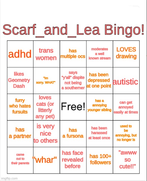 https://imgflip.com/memegenerator/499556618/ScarfandLea-Bingo | Scarf_and_Lea Bingo! has multiple ocs; trans women; LOVES drawing; adhd; moderates a well known stream; says "y'all" dispite not being a southerner; likes Geometry Dash; autistic; has been depressed at one point; "Im sorry. WHAT"; has a annoying younger sibling; furry who hates fursuits; can get annoyed easily at times; loves cats (or litterly any pet); has a partner; is very nice to others; used to be annoying, but no longer is; has been harassed at least once; has a fursona; "whar"; "awww so cute!!"; came out to their parents; has face revealed before; has 100+ followers | image tagged in blank bingo | made w/ Imgflip meme maker