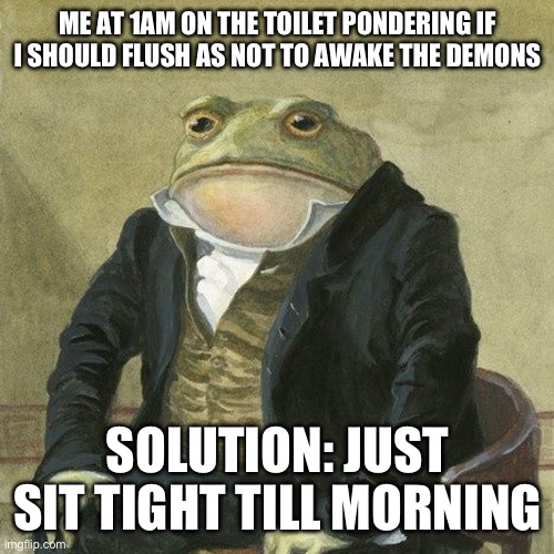 Gentlemen, it is with great pleasure to inform you that | ME AT 1AM ON THE TOILET PONDERING IF I SHOULD FLUSH AS NOT TO AWAKE THE DEMONS; SOLUTION: JUST SIT TIGHT TILL MORNING | image tagged in gentlemen it is with great pleasure to inform you that | made w/ Imgflip meme maker
