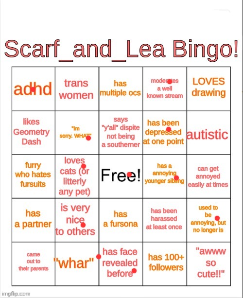 Scarf_and_Lea Bingo | image tagged in scarf_and_lea bingo | made w/ Imgflip meme maker
