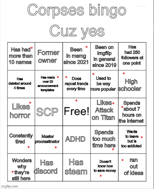 idk what to put here uhmmmm have a random reminder that corpse hates odd numbers because of the bazookuum | image tagged in corpses shitty bingo | made w/ Imgflip meme maker