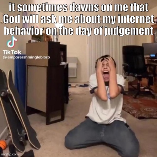 be scaring me actually | it sometimes dawns on me that God will ask me about my internet behavior on the day of judgement | image tagged in me rn | made w/ Imgflip meme maker
