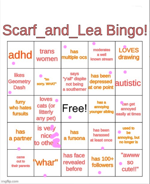 Scarf_and_Lea Bingo | image tagged in scarf_and_lea bingo | made w/ Imgflip meme maker