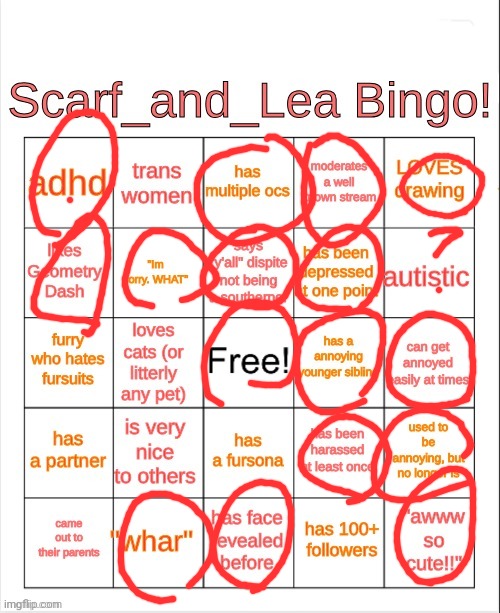 Scarf_and_Lea Bingo | image tagged in scarf_and_lea bingo | made w/ Imgflip meme maker