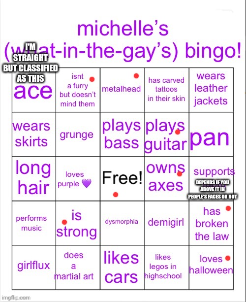 michelles bingo | I'M STRAIGHT BUT CLASSIFIED AS THIS; DEPENDS IF YOU ABOVE IT IN PEOPLE'S FACES OR NOT | image tagged in michelles bingo | made w/ Imgflip meme maker
