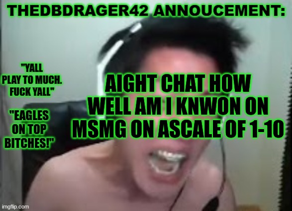 probs 3. | AIGHT CHAT HOW WELL AM I KNWON ON MSMG ON ASCALE OF 1-10 | image tagged in thedbdrager42s annoucement template | made w/ Imgflip meme maker