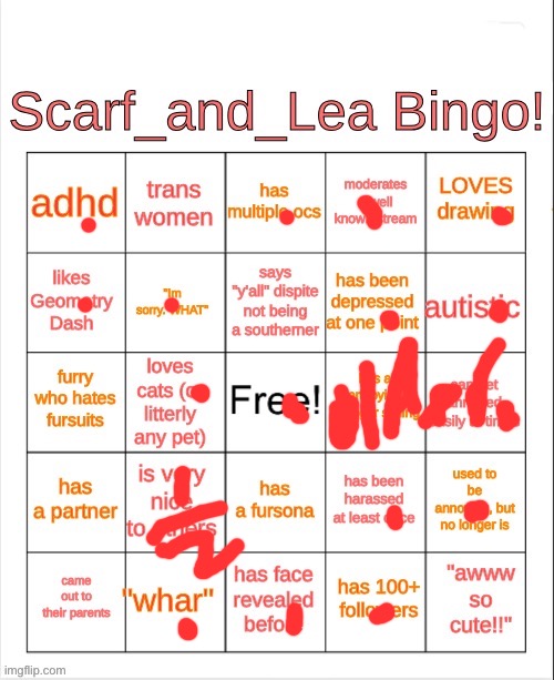 Scarf_and_Lea Bingo | image tagged in scarf_and_lea bingo | made w/ Imgflip meme maker